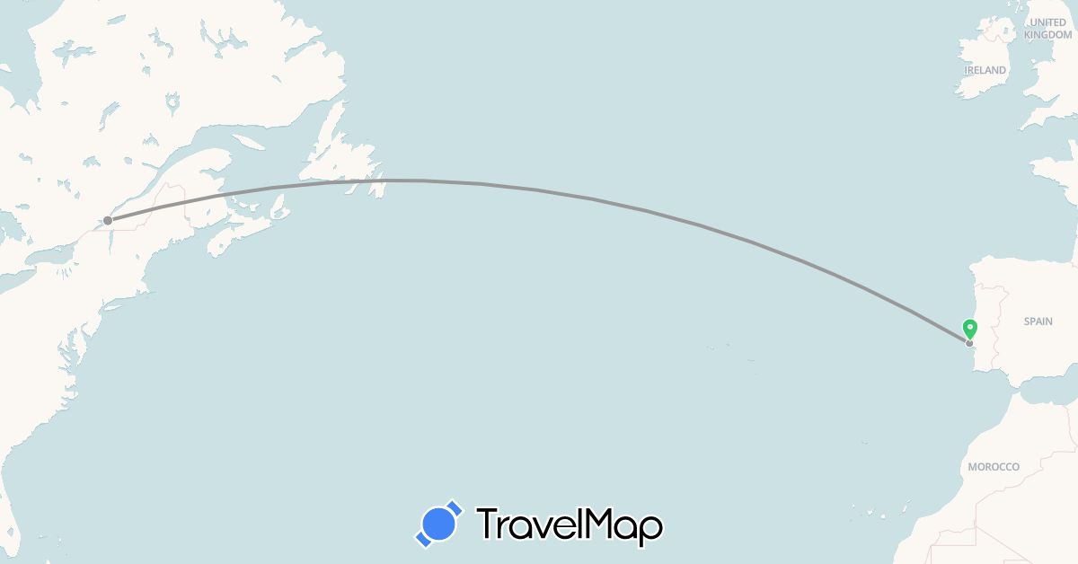 TravelMap itinerary: bus, plane in Canada, Portugal (Europe, North America)